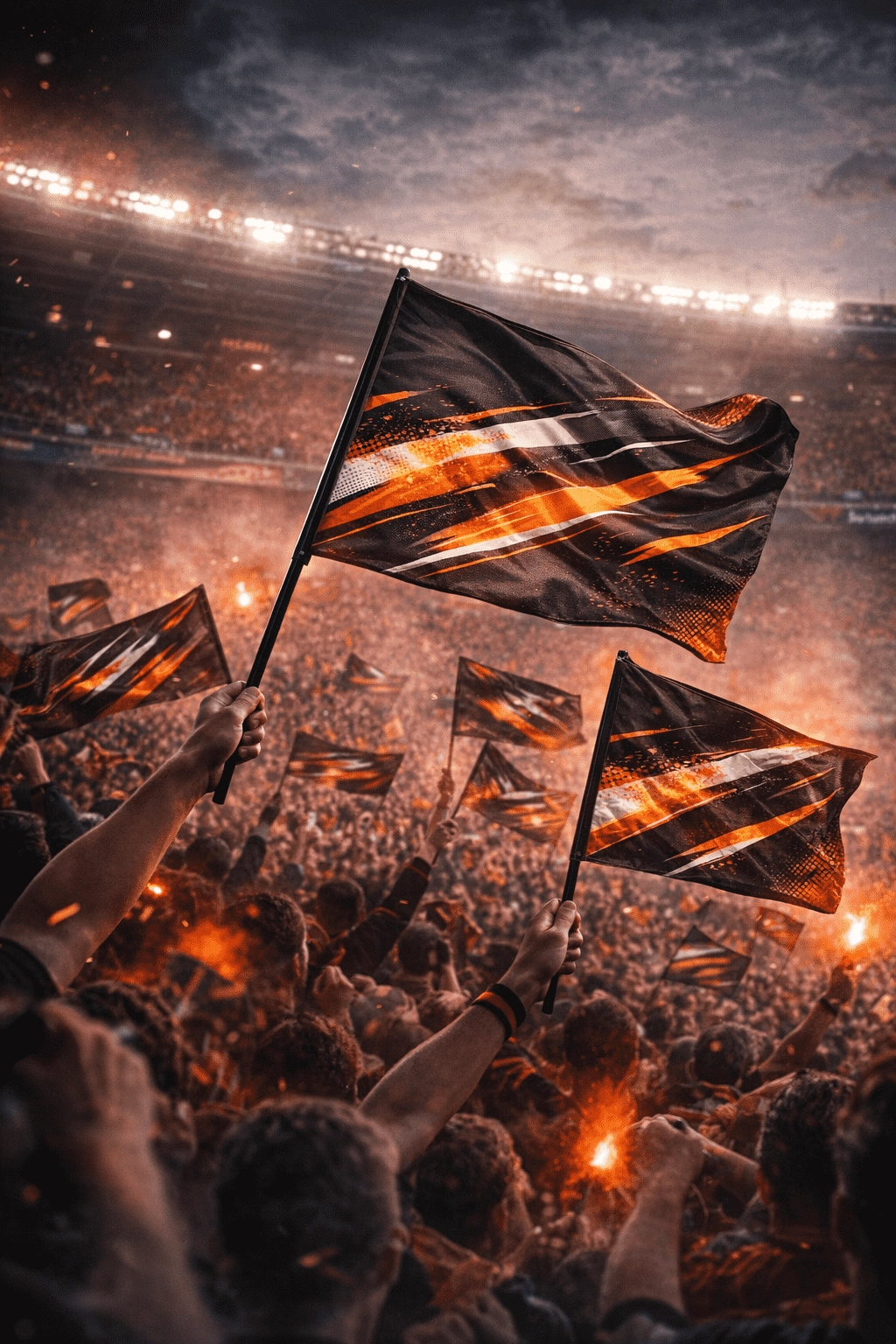 Banderas de mano para mosaico de afición en grada con movimiento visual coordinado