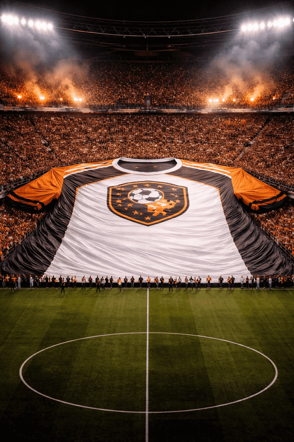 Camiseta gigante desplegada en el centro del campo durante una ceremonia previa en estadio profesional