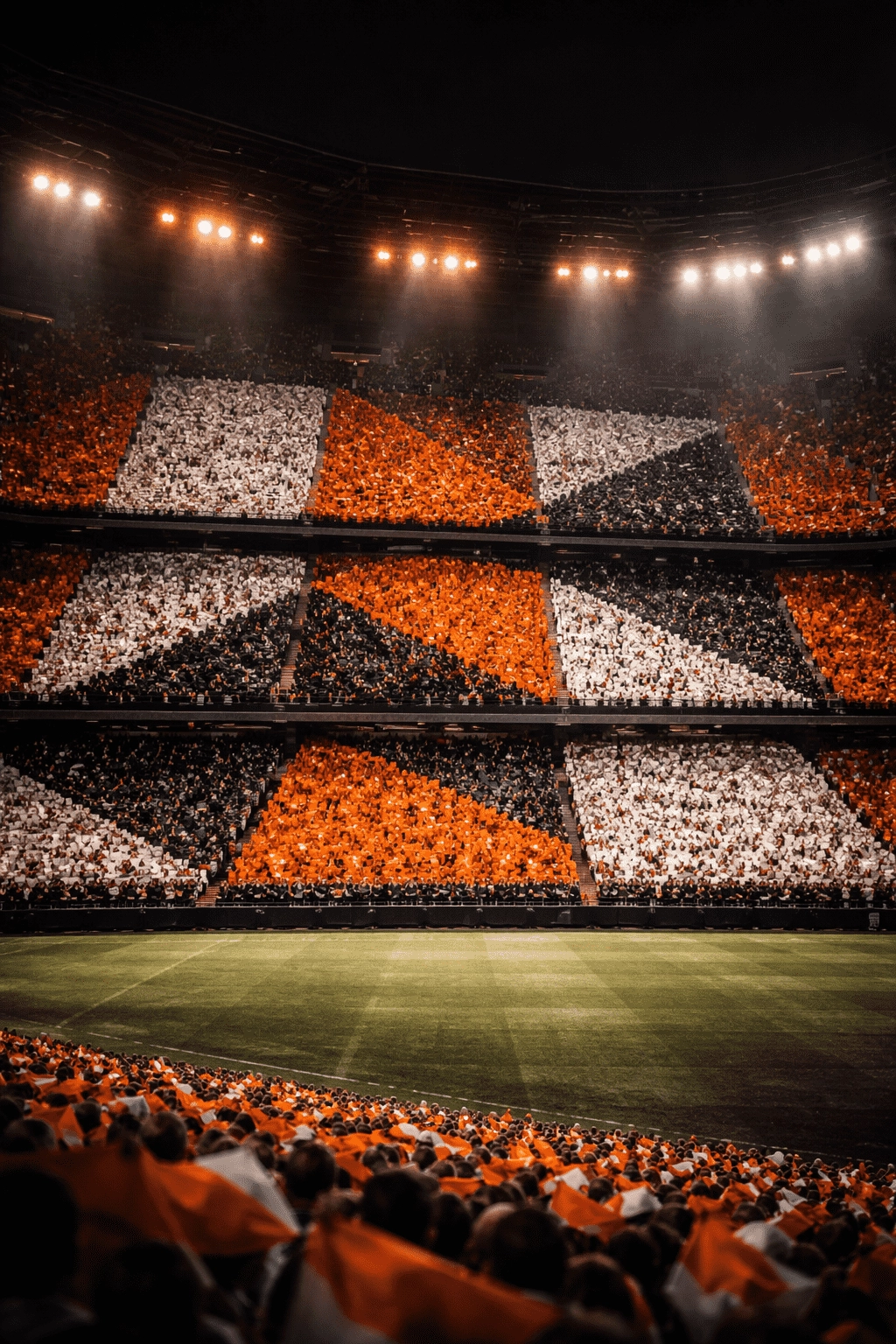 Mosaico estructural de cartulinas ignífugas en grada de estadio con diseño de alta definición